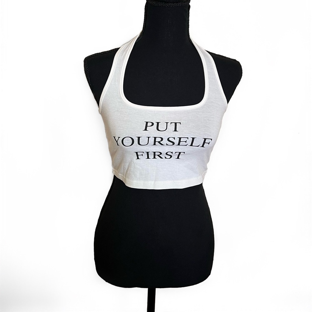 SHEIN Put Yourself First White Halter Top Size S